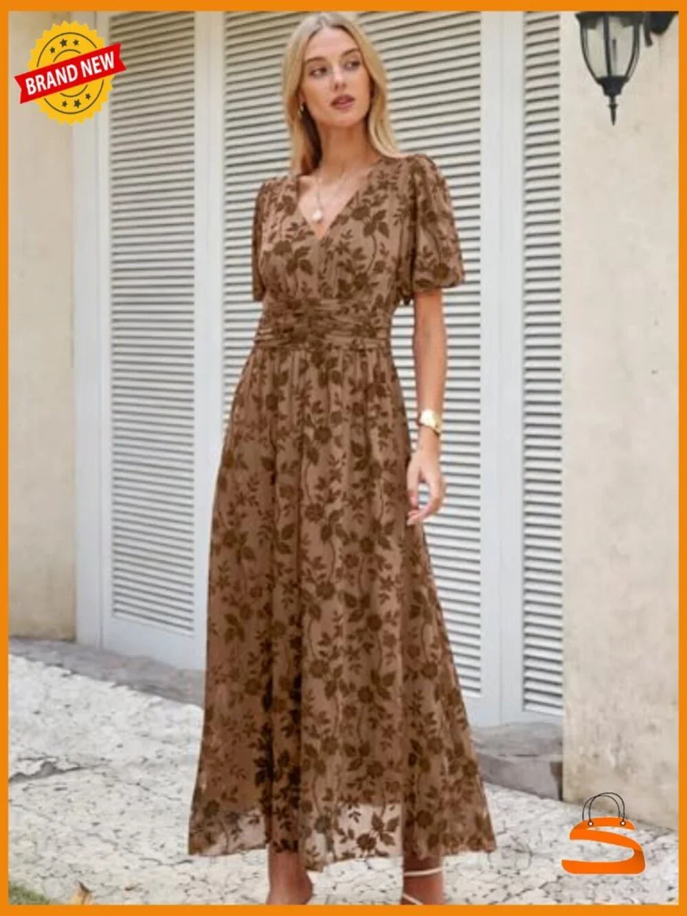 Floral Maxi Formal Dress Short Sleeve V-Neck Empire Waist Wedding Guest
